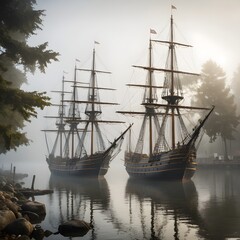 Two Tall Ships in Morning Mist