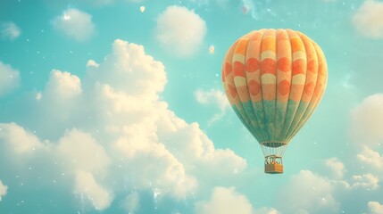Naklejka premium Whimsical Hot Air Balloon in a Vibrant Sky Among Fluffy Clouds