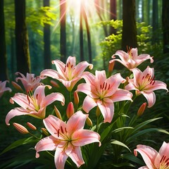 Fototapeta premium Pink Lilies in Sunlit Forest