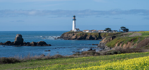 Panorama of Pigeon Point Light Station State Historic Park on the California coastline south of San Francisco on the Cabrillo Highway.