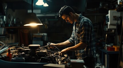 A mechanic using a stethoscope tool to listen to the engine