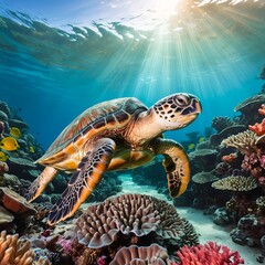 Obraz premium Majestic Sea Turtle Gracefully Swimming Through Vibrant Coral Reef