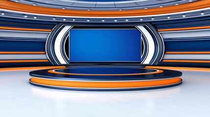 minimal photostock of a  Television studio, Studio news with a large screen in the middle, Tv news studio. , isolated on white background,  , copy space, copy space for text,