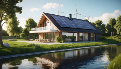 Fototapeta premium Modern Eco-Friendly House with Solar Panels and Wind Turbines