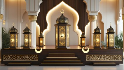 Fototapeta premium A rich, dark wood Ramadan podium adorned with golden lanterns, crescent motifs, and intricate patterns, set against a warm, elegant backdrop with soft golden lighting.
