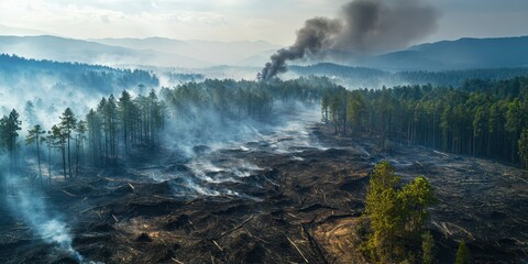 Devastating Wildfire Impact on Forest Landscape with Smoke and Ash