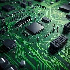 Obraz premium Close-up of a Microchip on a Green Circuit Board