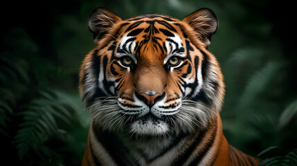 A majestic tiger with striking orange fur and bold black stripes, embodying power and grace in its natural habitat.