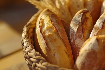 Close-up of golden brown baguettes in a woven basket on a wooden counter