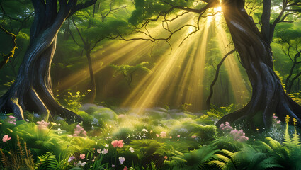 Fototapeta premium casting ethereal patterns of luminescence upon enchanted forest floor, golden rays cascade through verdant tapestry of a lush woodland