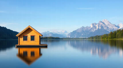 Fototapeta premium A serene lakeside scene featuring a small wooden house reflecting on calm water, surrounded by majestic mountains under a clear blue sky.