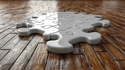 Glossy white puzzle piece on wooden floor