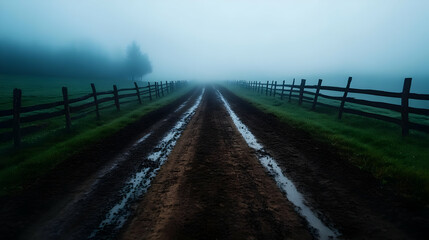 Fototapeta premium A misty rural pathway lined with wooden fences, inviting viewers to explore the serene landscape.