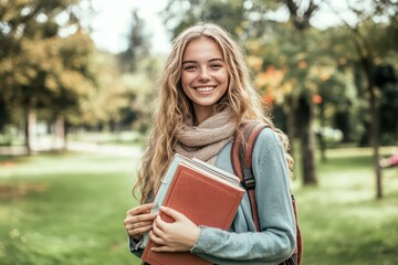 Obraz premium . A cheerful young woman standing in a park, clutching her books and backpack, ready for a new school day.