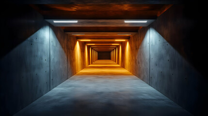 Obraz premium A modern concrete tunnel illuminated with warm and cool lighting, creating an intriguing and atmospheric perspective.