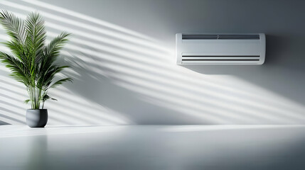 Obraz premium A modern indoor space featuring an air conditioner and a lush green plant, illuminated by natural light through narrow stripes.