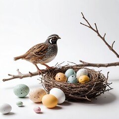 Quail on Branch with Nest and Easter Eggs