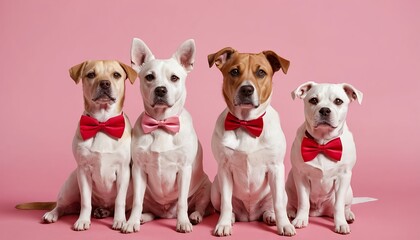 Four Dogs in Bows Sitting on Pink Background