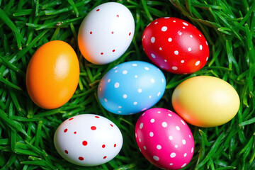 Seven colorful Easter eggs in circle on green grass with designs