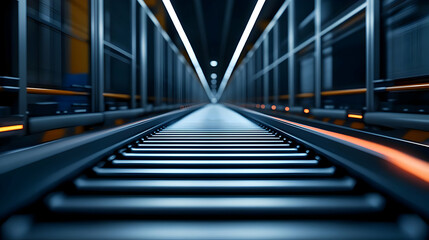 Fototapeta premium A modern perspective view of a sleek rail track within a futuristic setting, showcasing the synergy of technology and design.