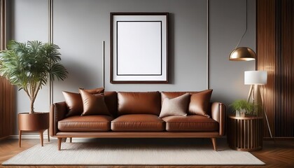 Elegant Brown Leather Living Room Mockup, Opulent Interior Design Showcasing Warm Tones and Rustic Textures, Perfect for Home Decor or Digital Art