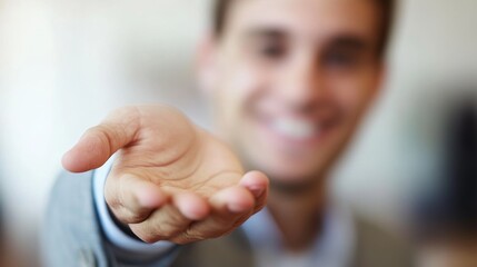 Young Business Manager Smiling with Optimism and Outstretched Hand