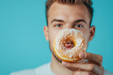 . A stylish shot of a man holding a half-eaten glazed donut, crumbs on his lips, with a bright blue background.