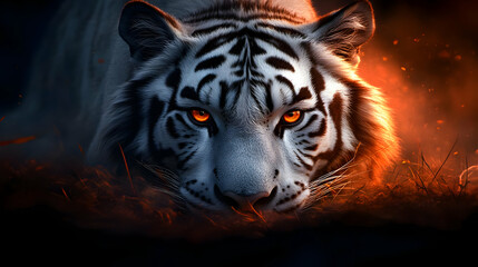 Obraz premium A powerful white tiger with striking orange eyes, poised and alert in a dark, atmospheric setting, capturing its essence beautifully.