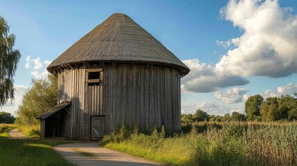 Obraz premium Round Wooden Building with Thatched Roof in a Field