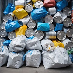 Pile of Garbage Bags and Metal Cans