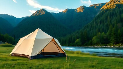 Cozy Camping Tent by a Sparkling River Amidst Forested Mountains