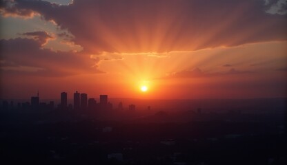 Glowing horizon over a city skyline at sunset with beams of light breaking through clouds