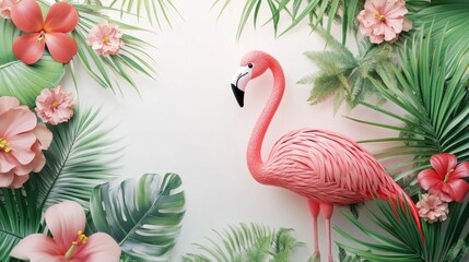3D Cartoon Flamingo with Pastel Pink Flowers and Tropical Leaves