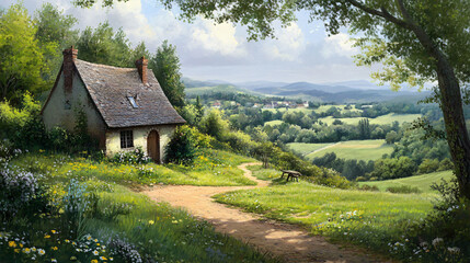 Scenic countryside landscape lush green fields rolling hills rural farmhouse golden sunset dramatic sky peaceful nature scenery artistic digital painting serene pastoral farm grass valley rustic foggy