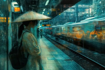 A beautiful composition of an Asian traveler pausing before boarding the train, the platform bustling with energy.