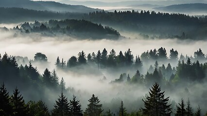 Obraz premium Foggy morning in the mountains with mist over the lake and trees, reflecting the peaceful winter sunrise