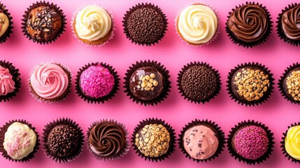A colorful array of beautifully decorated cupcakes arranged neatly on a pink background