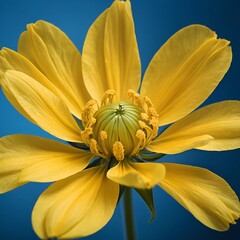 Obraz premium Close-up of a Vibrant Yellow Flower against a Blue Background