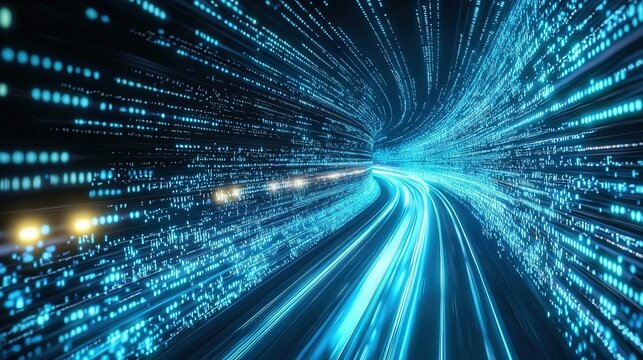 Digital data stream with glowing lines on a blue background, representing a cyber speedway or train moving fast through a dark tunnel of binary code, symbolizing information technology.