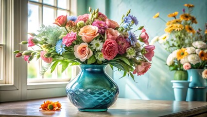 Fototapeta premium Classic blue vase still life photography; elegant floral arrangement in a ceramic vase.
