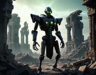 Naklejka premium Cybernetic Guardian in Post-Apocalyptic Ruins