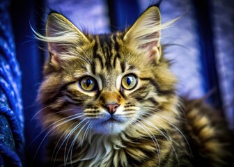 Close-up of a cute, long-haired tabby Norwegian Forest kitten; fluffy perfection in macro photography.