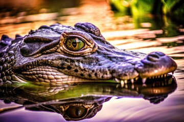 Fototapeta premium Close-up silhouette of a crocodile's head, a menacing aquatic predator lurking in the shadows.