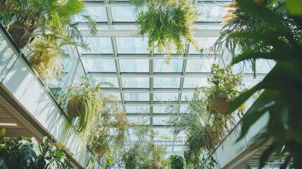 Lush greenery fills a modern glass-roofed atrium. Sunlight streams through the skylights, illuminating a dense garden of plants.