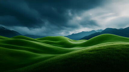 A serene, green landscape under a dramatic sky, showcasing rolling hills and a tranquil atmosphere, perfect for nature enthusiasts.