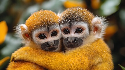 Obraz premium Two baby monkeys embracing, tropical setting, possible educational use