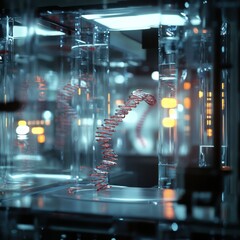 Futuristic DNA research lab with glowing tubes and intricate biological structures.