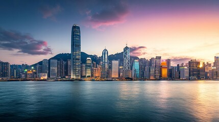 Fototapeta premium Hong Kong cityscape at dusk with beautiful sunset colours over the ocean