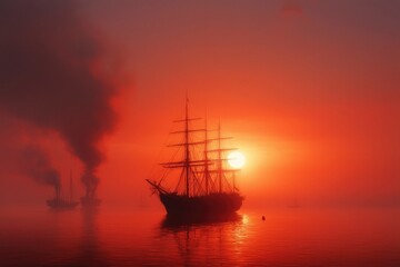 Ship sailing during sunset on ocean with a foggy background for adventure use