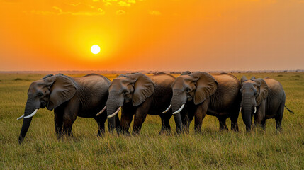 Fototapeta premium A herd of elephants walks across a golden savanna, silhouetted against a vibrant sunset sky.